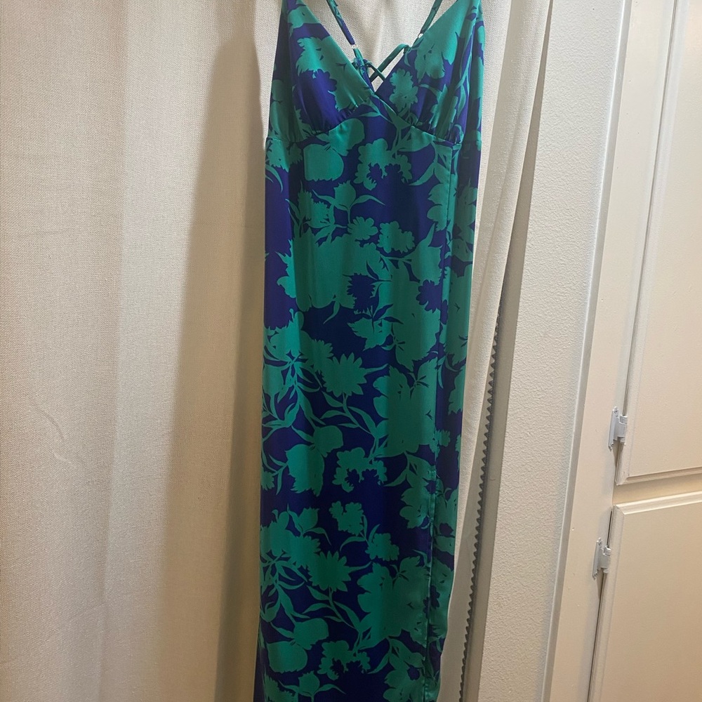 Elegant Blue and Green Floral Dress